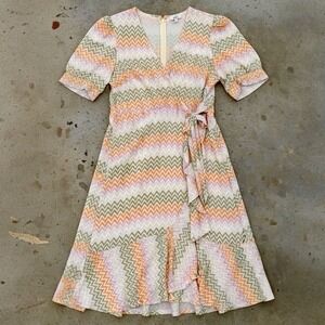 NIZA Puff Sleeve Faux Wrap Midi Dress in Multicolor Zig Zag size 46‎ / XXL